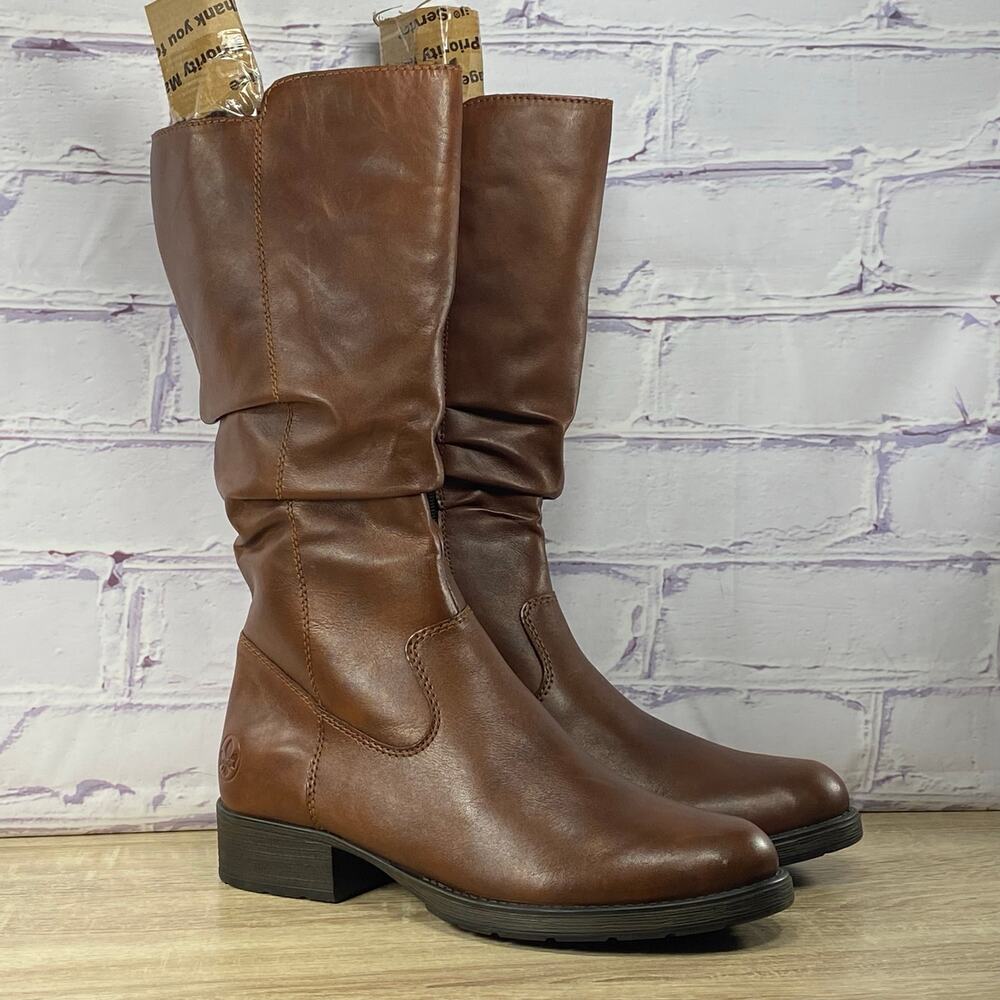 Rieker Brown Leather Knee High Faith Boots Women's 42 US 10 Tall Lined Zip